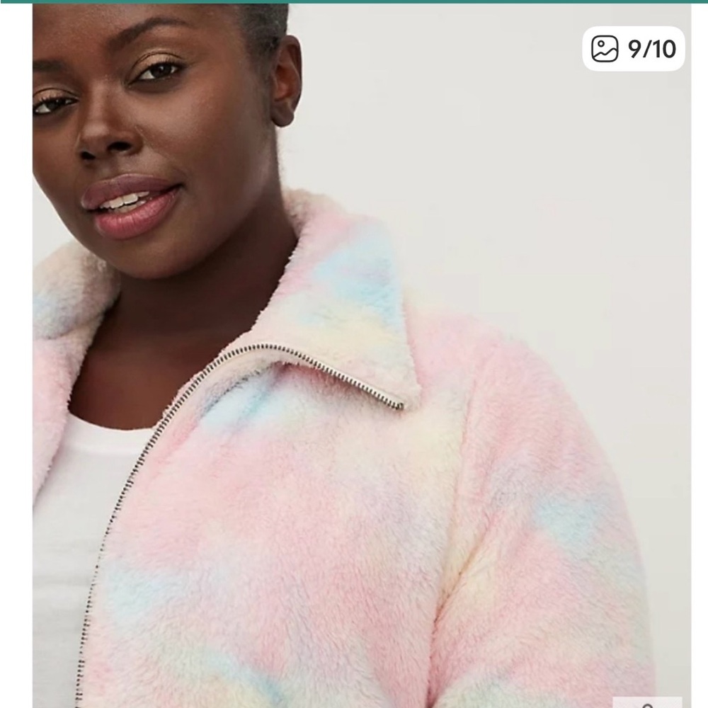 Nearly new! Torrid size 1 (1X) Pastel Rainbow Tie Dye Teddy Sherpa Zip Up Jacket - Picture 3 of 11